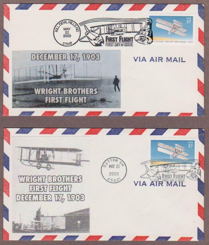 US # 3783 100th Anniversary First Flight 2 Diff Lakestamps FDCs - I Combine S/H