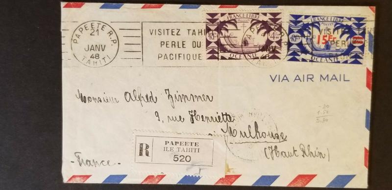 1948 Papeete Tahiti French Colony to Mulhouse France Airmail Registered Cover