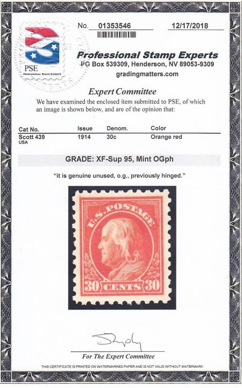 439 Superb-XF OG lightly hinged with PSE cert graded 95 ! see pic !