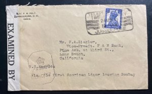 1942 Jubbulpore India Censored Cover To Long Beach cA USA