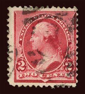 US Scott 220a 1890 cap on left 2, soiled margin, color dot at top, used 006