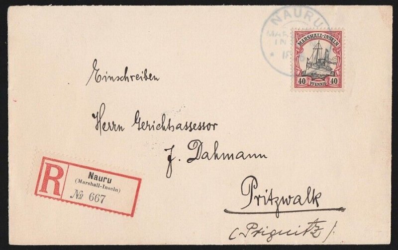 NAURU 1910 Registered cover Marshalls Yacht. To Germany. with Certificate.