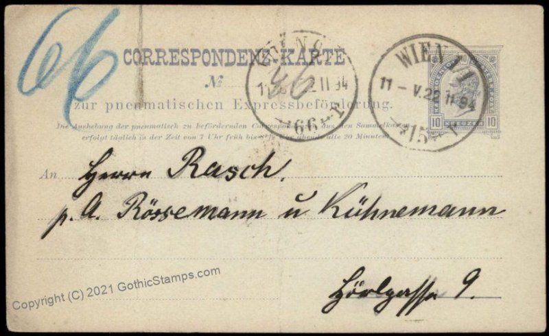 Austria Empire 10Kr Rohrpost Pneumatic Mail Postal Stationery Card G67608