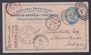 US Postal Card UX6 from Chicago Ill 1891 to SHINOTSUKE, JAPAN