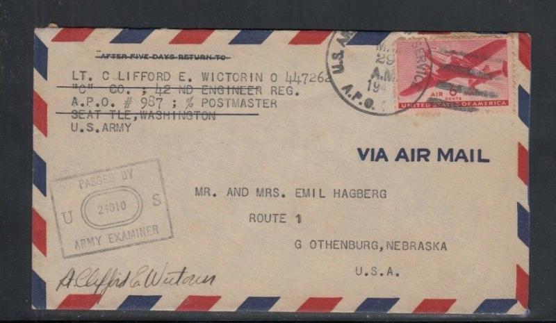 Cover World War 2 APO 987 Alaska to Nebraska 1942 or 1943 Air Mail