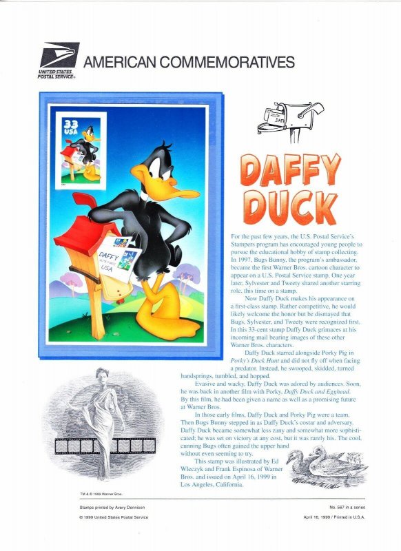 USPS Commemorative Panel 567 #3306c Daffy Duck Mint Imperf Pane/1 1999