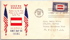 US FIRST DAY COVER OCCUPED NATIONS OF WW II AUSTRIA LEST WE FORGET CACHET G54