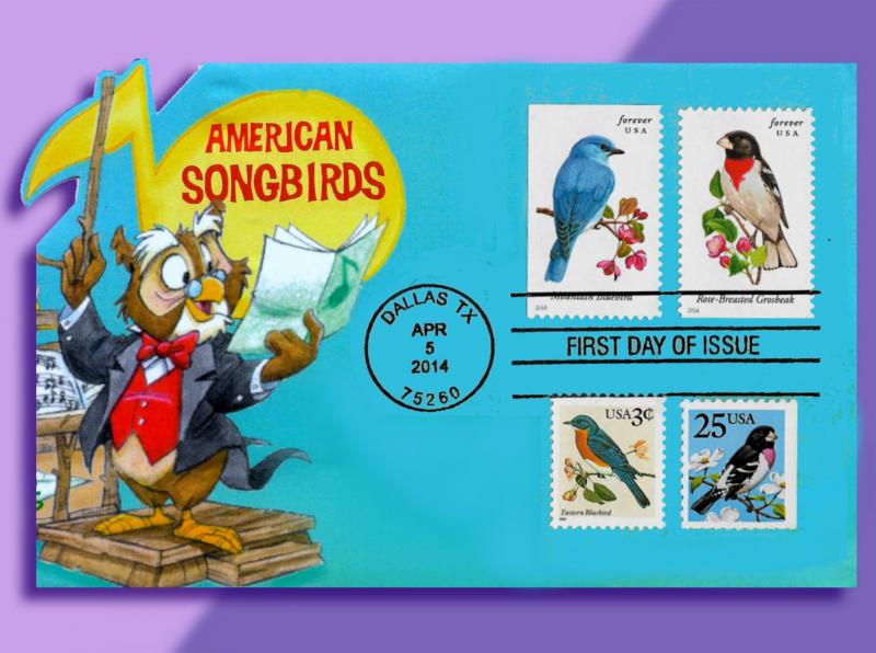 Bluebird and Grosbeak in One-Of-A-Kind Franking on American Songbirds Pop-Up FDC