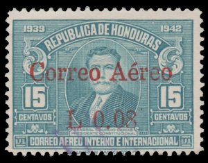 HONDURAS 1942 AIRMAIL STAMP. SCOTT: C118. USED. OVERPRINTED. # 1