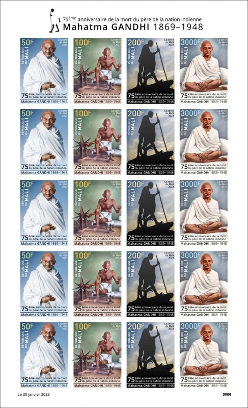 MALI 2023 IMPERF MIXED SHEET 20V - MAHATMA GANDHI INDIA DEATH 75TH ANNIV. - MNH