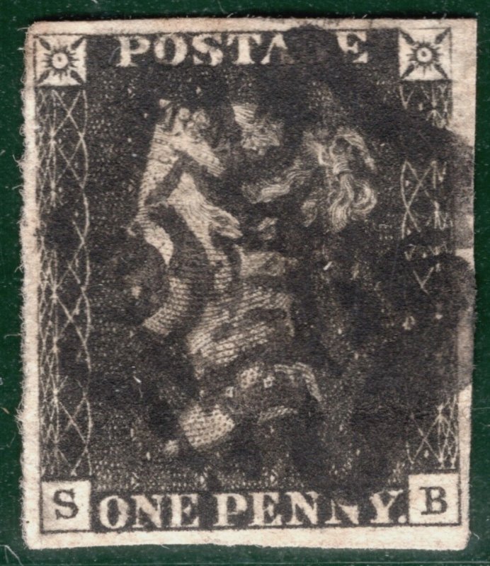 GB PENNY GREY-BLACK QV 1840 SG3 1d Plate 5 (SB) REPAIRED IMPRESSION? Frame YOR36