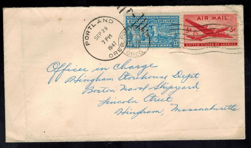 1947 US Special Delivery Cover Portland Oregon to Boston Naval Shipyard