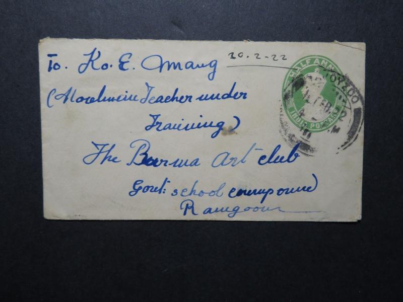 India 1922 Stationery Cover 1/2 Anna to Rangoon (I) - Z11696