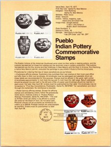 USPS SOUVENIR PAGE PUEBLO INDIAN POTTERY COMMEMORATIVE STAMPS 1977