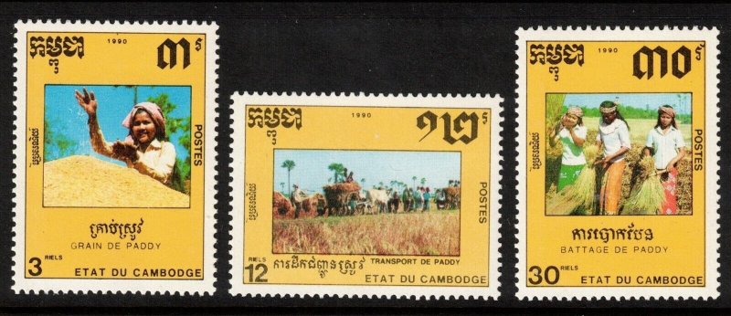 Cambodia Sc 1027-9 NH set of 1990 - Farming Rice