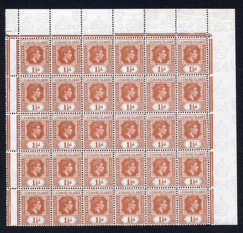 Leeward Is SG101 1 1/2d Chestnut plate 2 Block of 30 U/M (mounted in margin) 