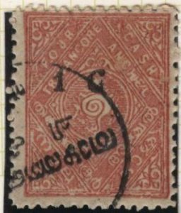 India: Travancore 19 (used) 1ca on 4ca conch shell, rose (1921)