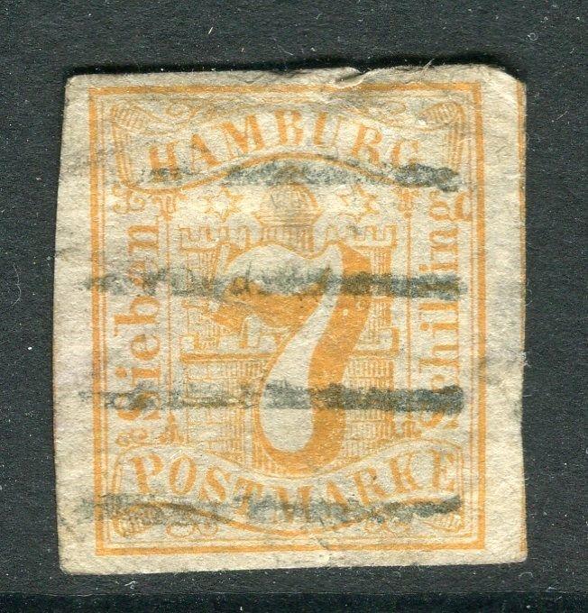 GERMANY  HAMBURG;   1859 classic Imperf issue 7s. used value, hinge thin