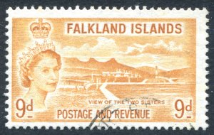 Falkland Islands 1955 QEII. 9d orange yellow. Used. SG191.