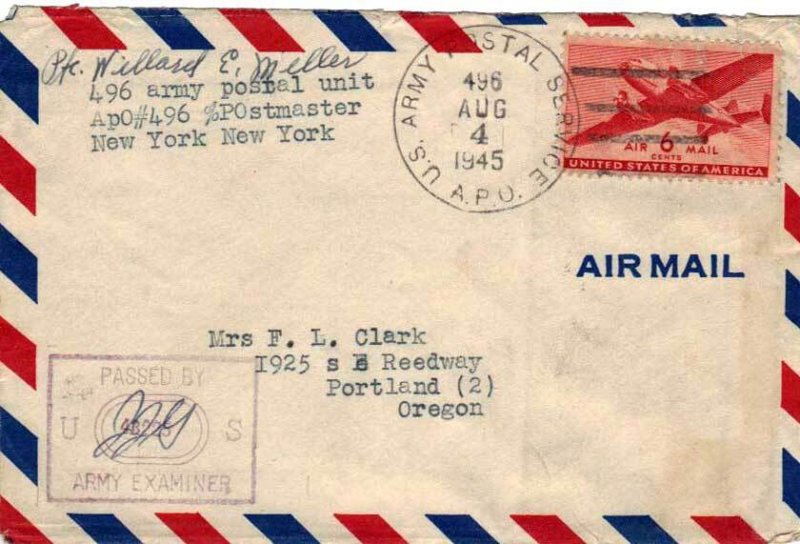 United States A.P.O.'s 6c Transport 1945 U.S. Army Postal Service, A.P.O. 496...