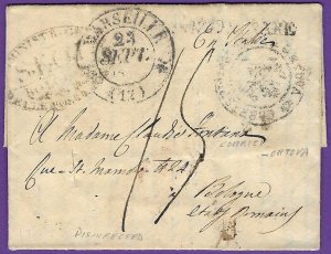 1831c Marseille, France to Bologna, Italy, Cholera Slits & Disinfection Cachets!