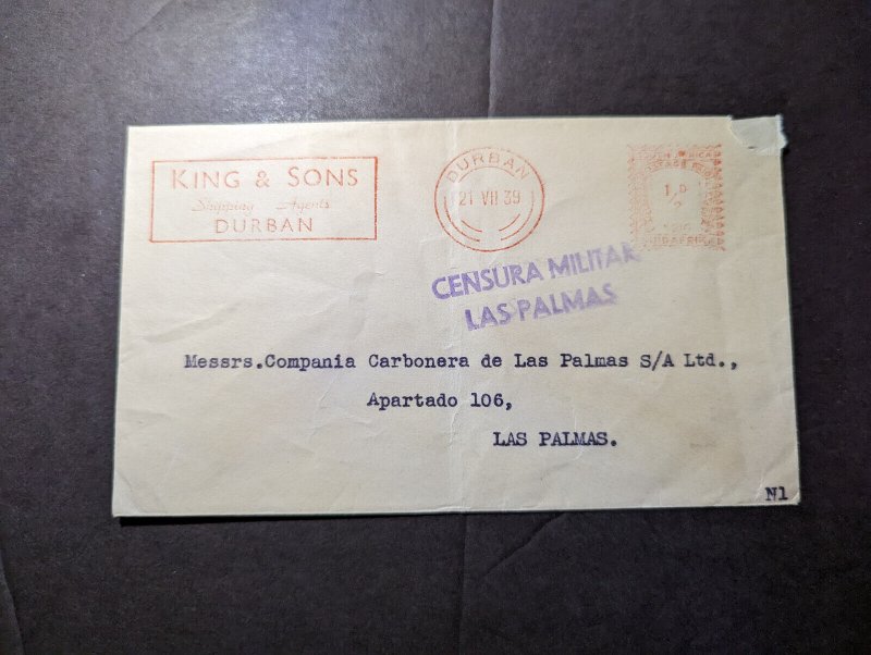 1939 Censored South Africa Cover Durban to Las Palmas