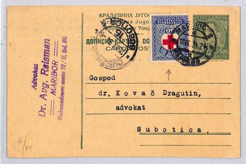 YUGOSLAVIA Stationery Card Slovenia RED CROSS Maribor Serbia Subotica 1934 RC88