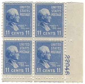 #816 – 1938 11c Polk, ultramarine – MNH OG Plate Block