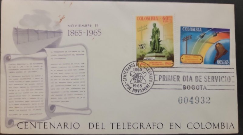 O) 1965 COLOMBIA, THE TELEGRAPH IN COLOMBIA, FIFTH PHILATELIC EXHIBITION, FDC XF