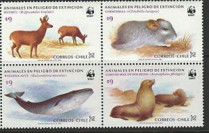 Chile 1985 Sc# 682a Endangered Animals Blue Whale WWF Block of 4 MNH CV $48