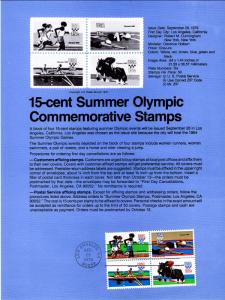US SP473 Summer Olympics 1794a Souvenir Page FDC