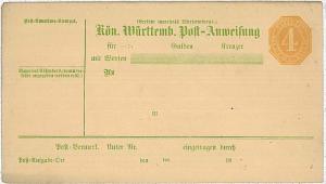 GERMANY \  WURTHENBERG:  MONEY ORDER Post-Anweisung - 4 Kreuzer AU 17 II