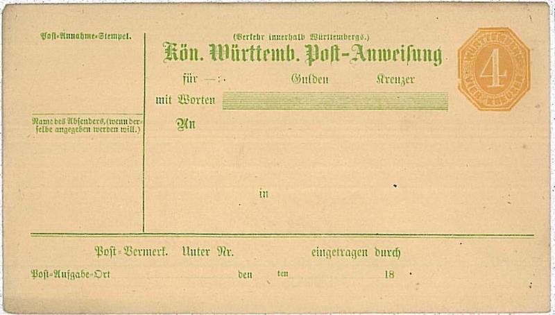 GERMANY \  WURTHENBERG:  MONEY ORDER Post-Anweisung - 4 Kreuzer AU 17 II