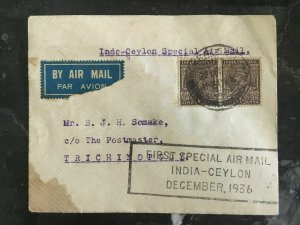 1936 Colombo Ceylon Special Flight Cover to Trichnopoly India Empire Air Mail