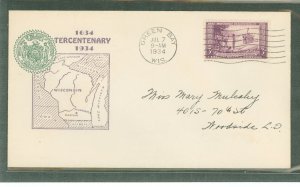 US 739 1934 3c Wisconsin Tercentenary (single) on an addressed first day cover with an unknown map/seal cachet.