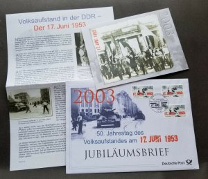 Germany 50th Anniversary 17 June 1953 2003 War Tanks (postcard + FDC)