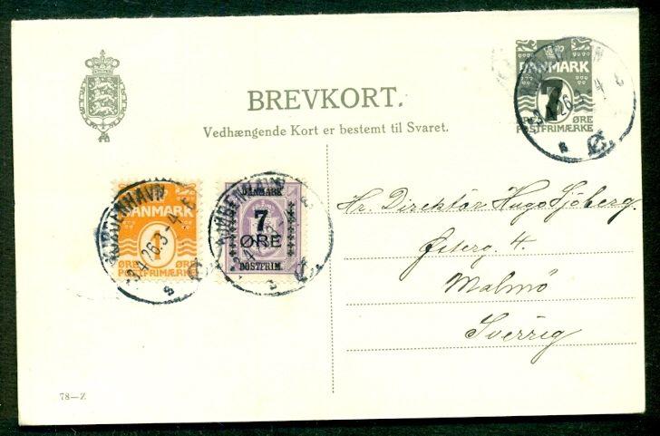 DENMARK 7 on 8ore + 7ore + 1ore added, #78Z, double card (67) used to SWEDEN, VF