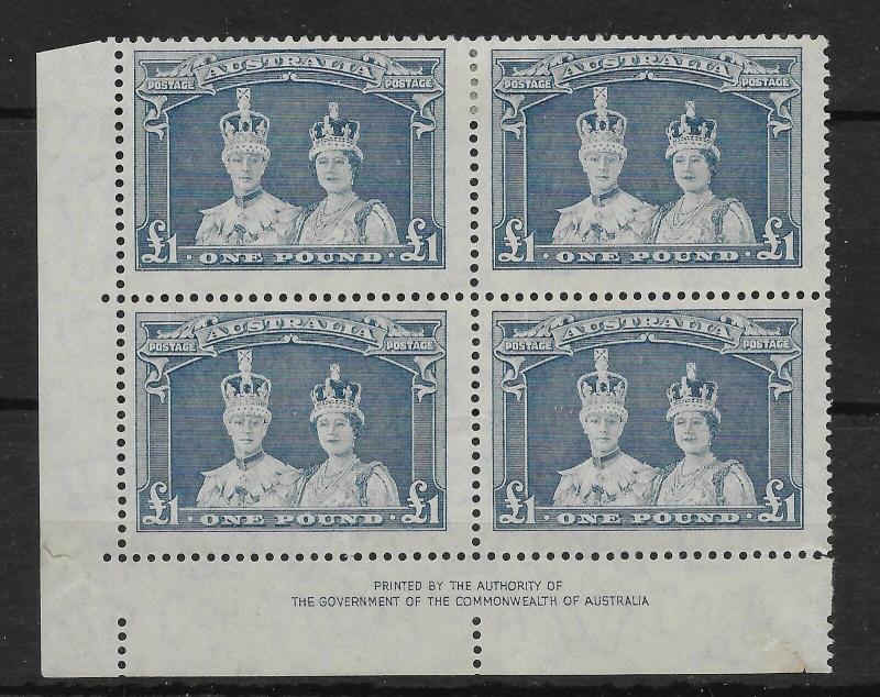 AUSTRALIA SG178a 1949 £1 BLUISH SLATE IMPR BLK OF 4 -2 MNH, 2 MTD MINT