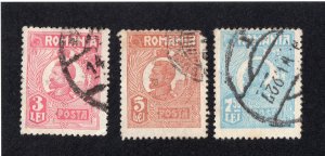Romania 1920 3 l, 5 l, & 7.50 l Ferdinand, Scott 275, 277, 281 used, value = 95c