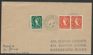 GB 1958 cover NORTH WESTERN TPO NIGHT UP railway cancel....................50609