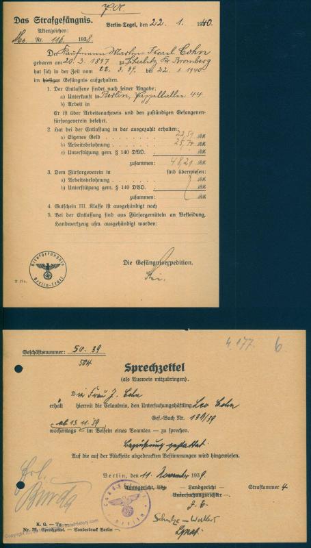 Germany 1937-40 Jewish Prisoner Family Berlin Plotzensee Tegel Corresponde 87505