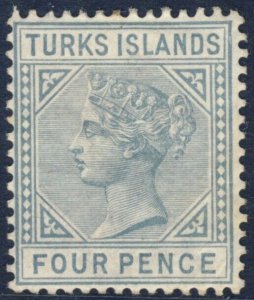TURKS ISLANDS 1884, SC-50 F MH 4p gray wmk 2, Die A scv$42.50  *Bay Stamps*