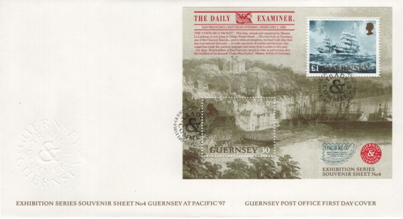 Guernsey 1997 FDC Sc 596 St Peters Port, Sailing ship Sheet of 2 Pacific 97