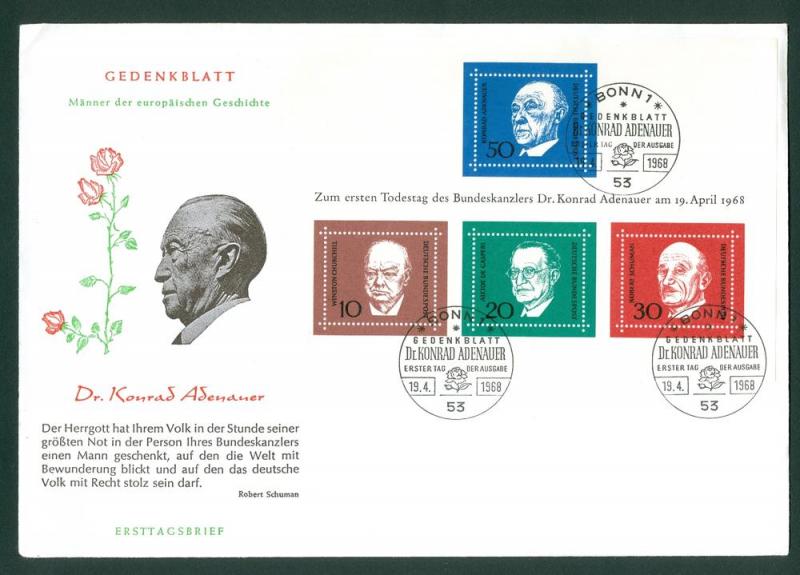 Germany. 1968 FDC. With Souvenir Sheet. Konrad Adenauer.