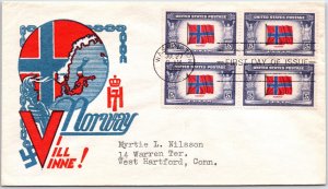 US FIRST DAY COVER OCCUPED NATIONS OF WW II NORWAY BLOCK OF (4) CACHET H18 1943