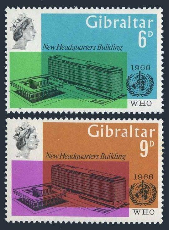 Gibraltar 180-181,MNH,yellowish glue.Michel 182-183. New WHO Headquarters,1966.