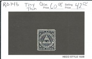 US: Match Tax Stamp, Sc #RO14b, Used (tiny thin) (47693) 