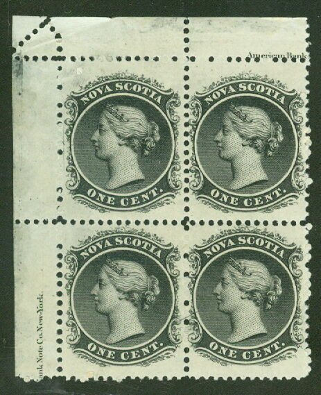 NOVA SCOTIA #8 1¢ black, Inscription Block of 4, og, NH