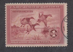 US Sc RW2 used 1935 $1 Canvasbacks Ducks, Duck Stamp F-VF