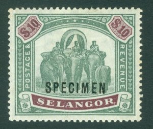 SG 65s Malaysia Selangor 1895-99. $10 green & purple, overprinted specimen...